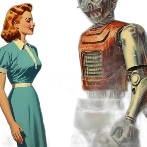 robot, dress, concept art, comic book art, outer space, earth tones, woman, blue transparent PNG cut-out