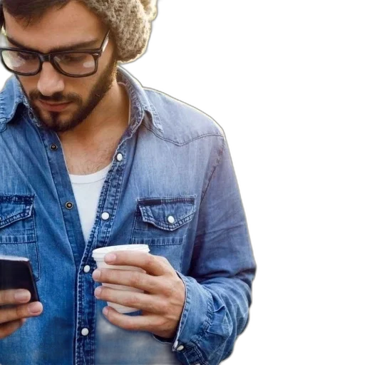 jacket, man, denim, shirt, glasses, checks, his, phone transparent PNG cut-out