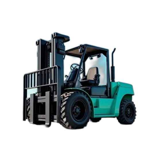 black, teal, forklift, large, front, wheel, smaller, rear transparent PNG cut-out