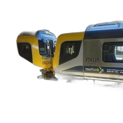 3d render, photorealistic, two, metlink, trains, parked, side, station transparent PNG cut-out