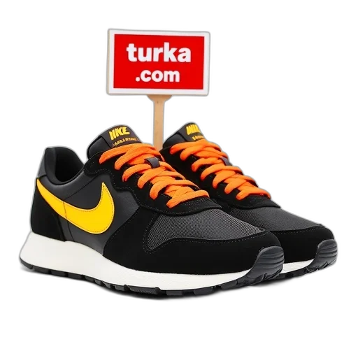 shoes, pair, black, yellow, nike, sneakers, orange, laces transparent PNG cut-out