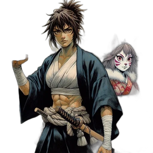 concept art, anime, fantasy art, pixel art, two, warriors, one, cat-like transparent PNG cut-out