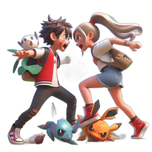 concept art, 3d render, pixel art, fire, monochrome, two, cartoon, characters transparent PNG cut-out