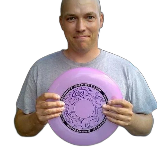dragon, man, holds, pink, frisbee, design transparent PNG cut-out
