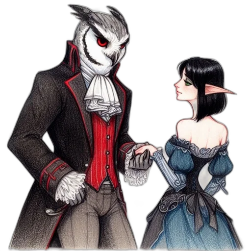 mask, fantasy art, concept art, comic book art, watercolor, two, characters, owl-headed transparent PNG cut-out