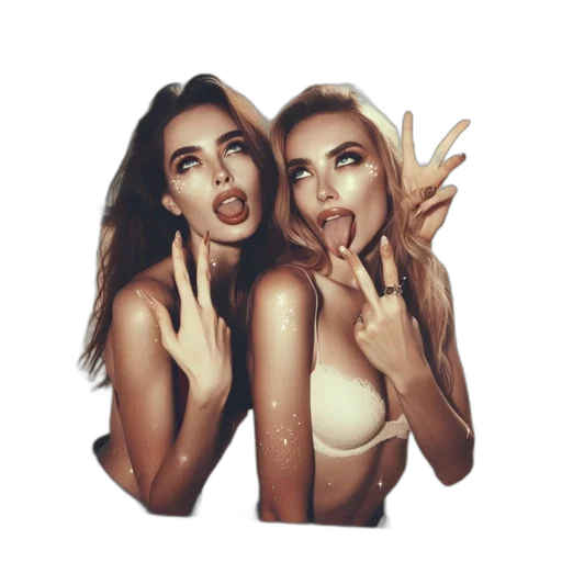 photorealistic, cartoon, two, women, beach, make, playful, gestures transparent PNG cut-out