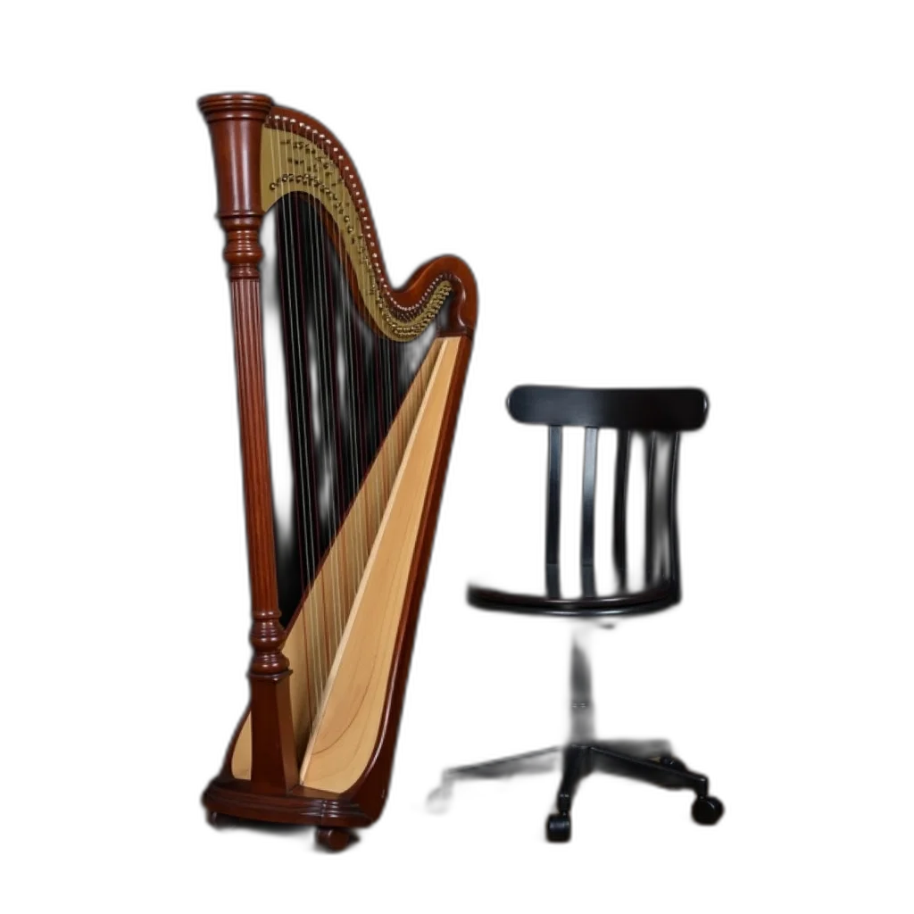 furniture, staff, 3d render, photorealistic, concept art, wooden, harp, dark transparent PNG cut-out