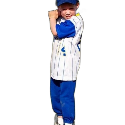 young, boy, blue, white, baseball, uniform, holds, bat transparent PNG cut-out