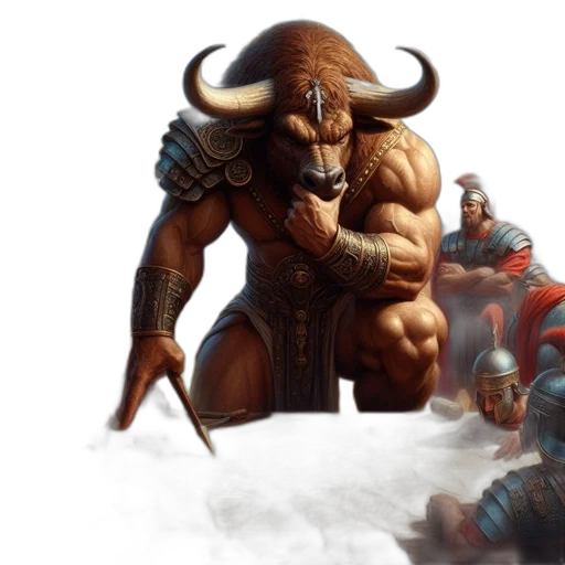 concept art, fantasy art, 3d render, massive, bull-headed, figure, armor, sits transparent PNG cut-out
