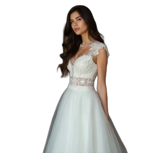 dress, 3d render, photorealistic, woman, standing, room, white, wedding transparent PNG cut-out