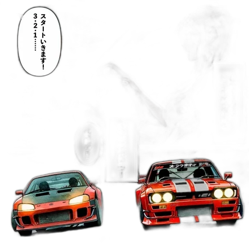 car, photorealistic, concept art, anime, 3d render, fire, manga-styled, frame transparent PNG cut-out