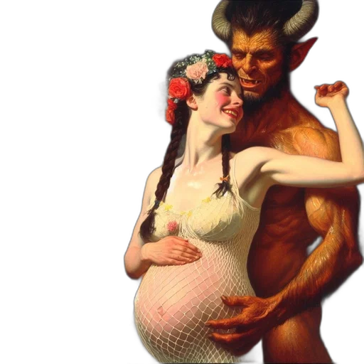 concept art, fantasy art, photorealistic, oil painting, pregnant, woman, embraces, mythical transparent PNG cut-out
