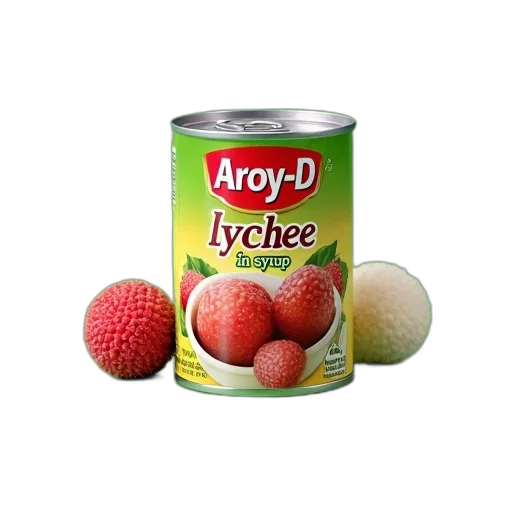 food, photorealistic, 3d render, can, lychee, syrup, displayed, three transparent PNG cut-out