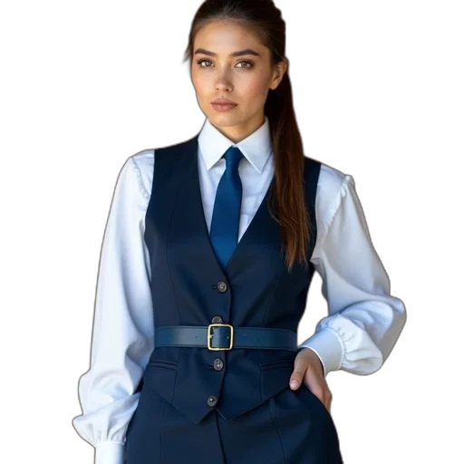 staff, jacket, dress, photorealistic, blue, woman, ponytail, wearing transparent PNG cut-out