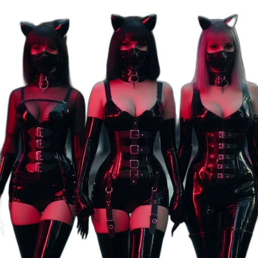 mask, concept art, 3d render, cyberpunk, dark, three, women, donning transparent PNG cut-out