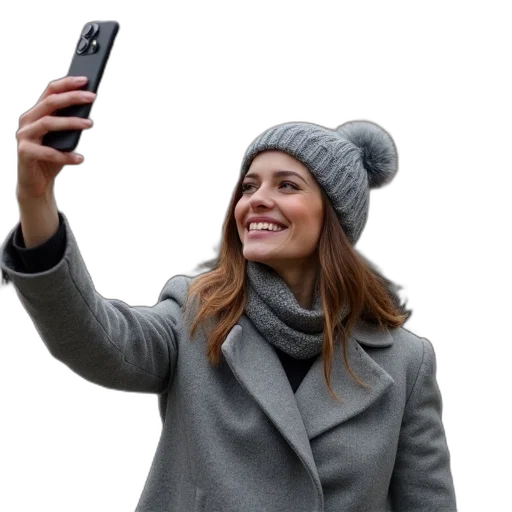 hat, staff, face, jacket, woman, grey, coat, beanie transparent PNG cut-out