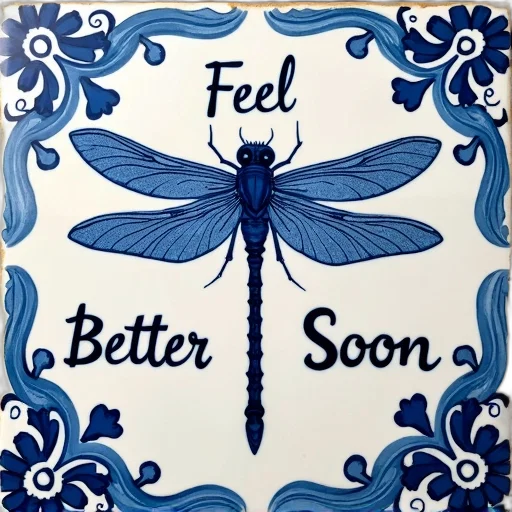 watercolor, blue, white, ceramic, tile, detailed, dragonfly, design transparent PNG cut-out