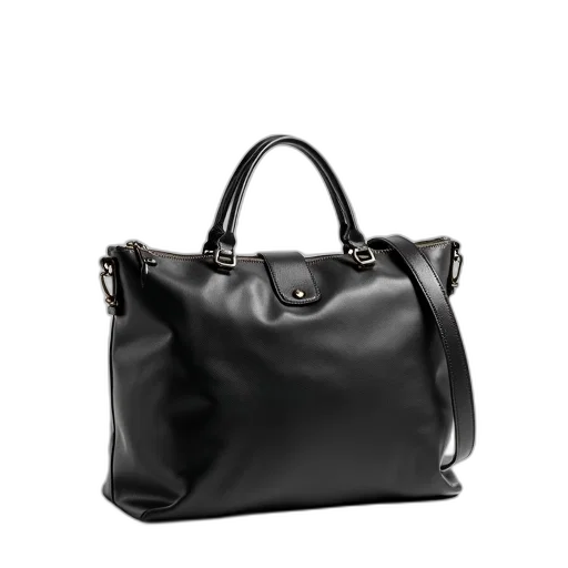 3d render, photorealistic, monochrome, black, leather, handbag, long, strap transparent PNG cut-out