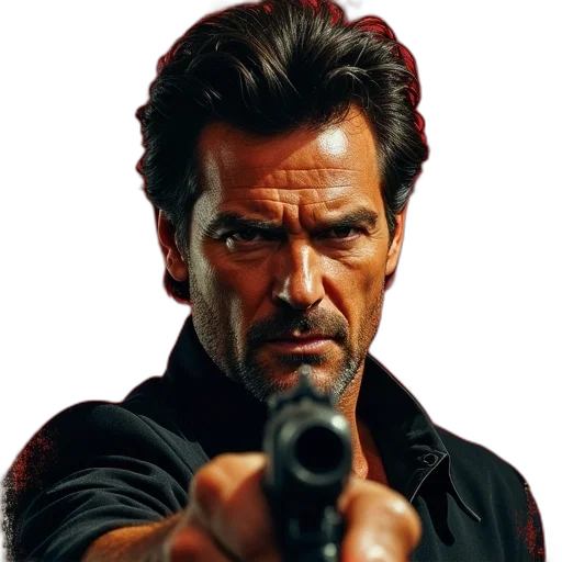 weapon, face, jacket, staff, photorealistic, comic book art, concept art, 3d render transparent PNG cut-out