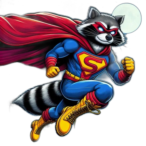 animal, comic book art, concept art, anthropomorphic, raccoon, donning, superhero, costume transparent PNG cut-out