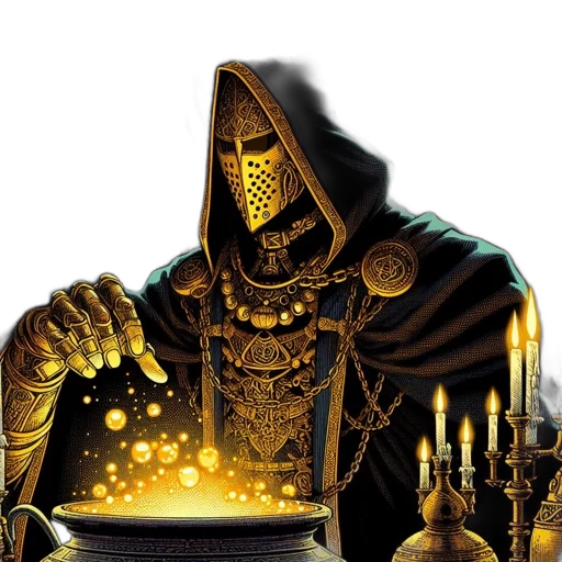 jewelry, staff, mask, concept art, fantasy art, comic book art, pixel art, hooded transparent PNG cut-out