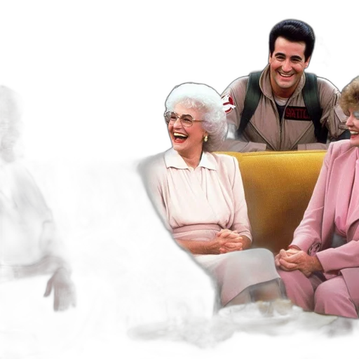 3d render, four, elderly, women, chat, laugh, couch, supernatural transparent PNG cut-out