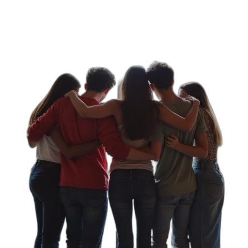 staff, jacket, group, young, people, hugging, standing, background transparent PNG cut-out