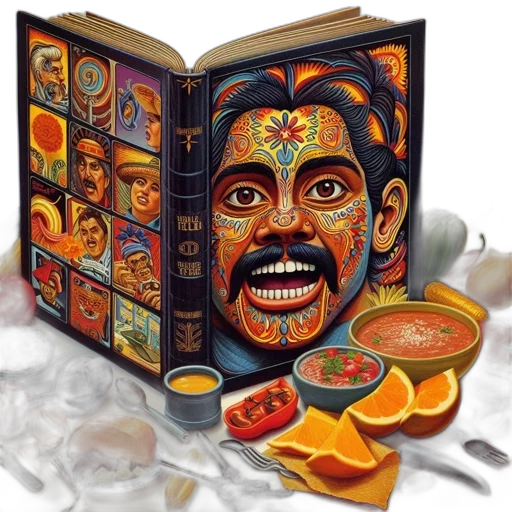 food, mask, photorealistic, open, cookbook, featuring, vibrantly, patterned transparent PNG cut-out