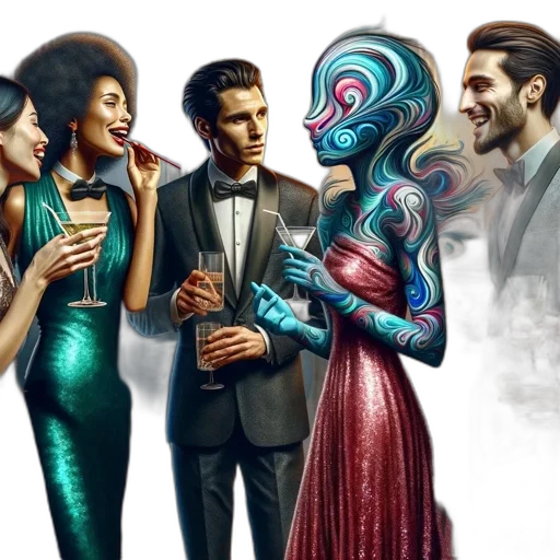 concept art, fantasy art, comic book art, outer space, five, individuals, attend, sophisticated transparent PNG cut-out