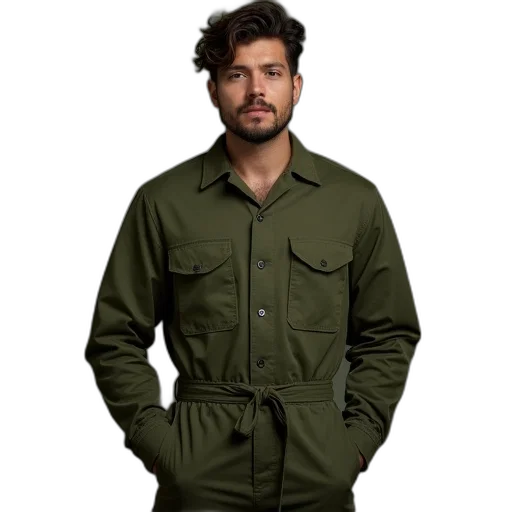 jacket, green, earth tones, man, posing, camera, army, jumpsuit transparent PNG cut-out