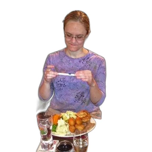 food, staff, photorealistic, woman, purple, shirt, sitting, table transparent PNG cut-out