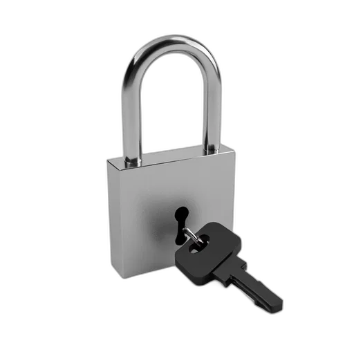 silver, metal, padlock, black, key, inserted, into, keyhole transparent PNG cut-out