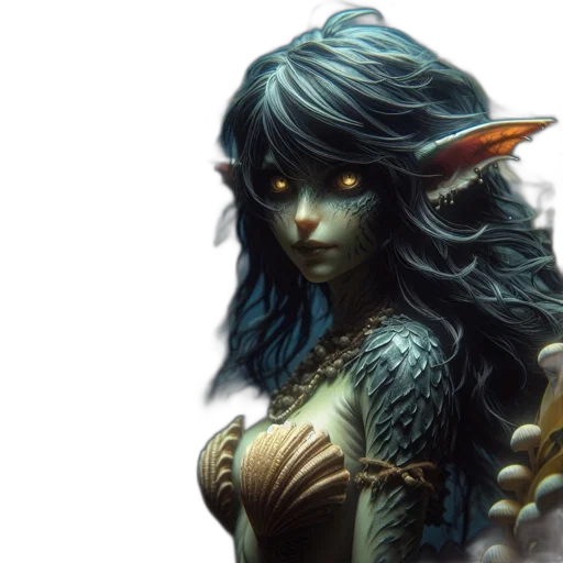 fantasy art, concept art, photorealistic, comic book art, green, mermaid-like, creature, elongated transparent PNG cut-out