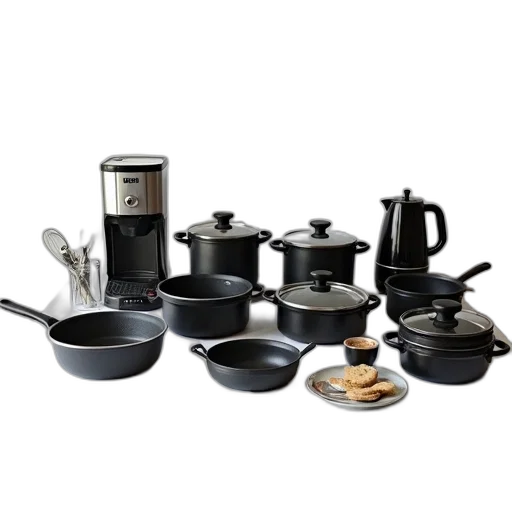 variety, kitchen, appliances, utensils, displayed, white, tablecloth, there transparent PNG cut-out