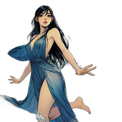 dress, concept art, comic book art, fantasy art, watercolor, blue, woman, translucent transparent PNG cut-out