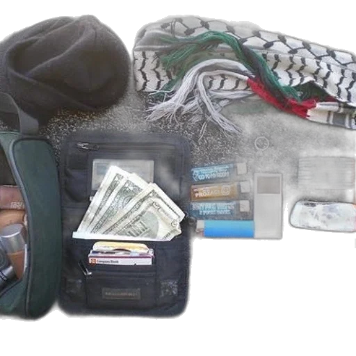 collection, items, including, money, wallet, hat, scarf, swiss transparent PNG cut-out