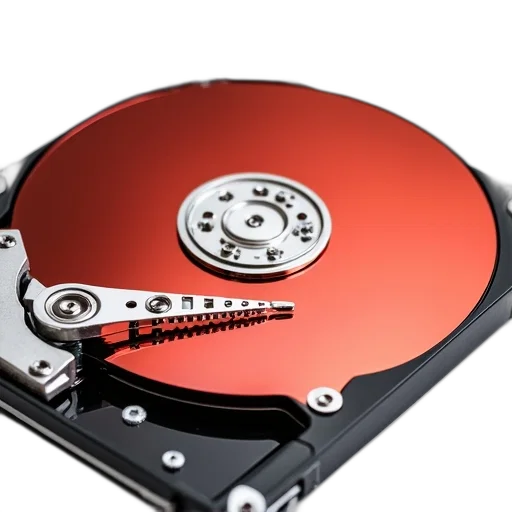 3d render, red, close-up, image, hard, drive, gold-colored, disk transparent PNG cut-out