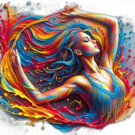 hair, dress, photorealistic, watercolor, oil painting, fantasy art, fire, neon lights transparent PNG cut-out
