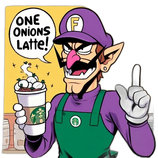 food, vaporwave, concept art, comic book art, waluigi, attired, starbucks, uniform transparent PNG cut-out