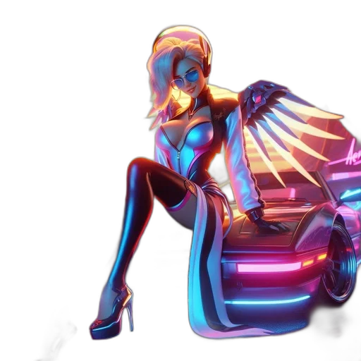 robot, car, concept art, cyberpunk, vaporwave, 3d render, neon lights, neon transparent PNG cut-out