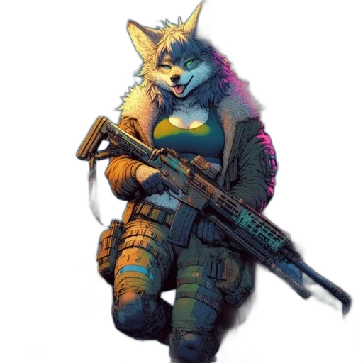 weapon, animal, staff, jacket, concept art, cyberpunk, pixel art, fantasy art transparent PNG cut-out