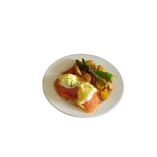 food, photorealistic, 3d render, breakfast, tray, eggs, benedict, asparagus transparent PNG cut-out