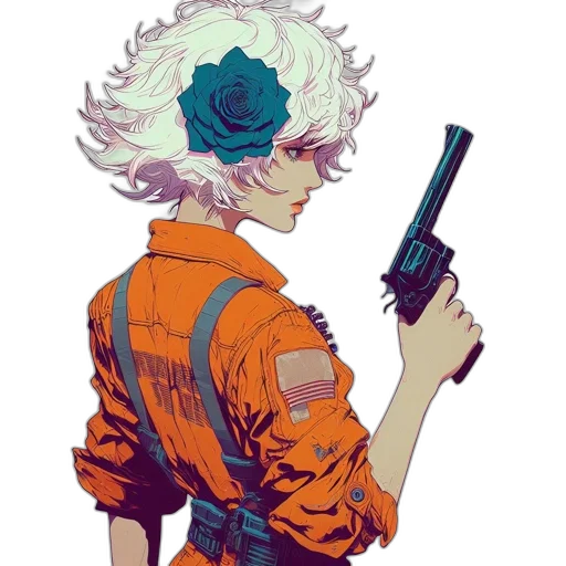 jacket, weapon, staff, hair, cyberpunk, concept art, anime, pixel art transparent PNG cut-out
