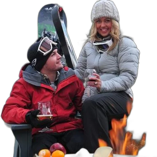 jacket, hat, snow, fire, couple, enjoys, cozy, outdoor transparent PNG cut-out