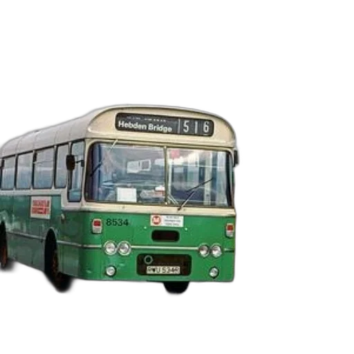 3d render, photorealistic, green, white, bus, destination, hebden, bridge transparent PNG cut-out