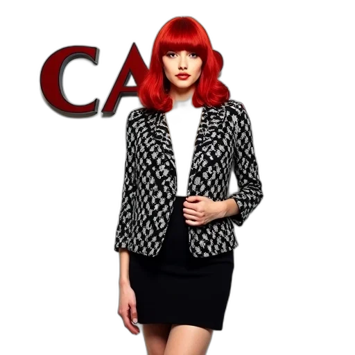 jacket, 3d render, photorealistic, red, woman, hair, wearing, black transparent PNG cut-out