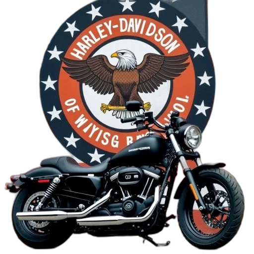 black, harley-davidson, motorcycle, parked, front, wall, circular, emblem transparent PNG cut-out