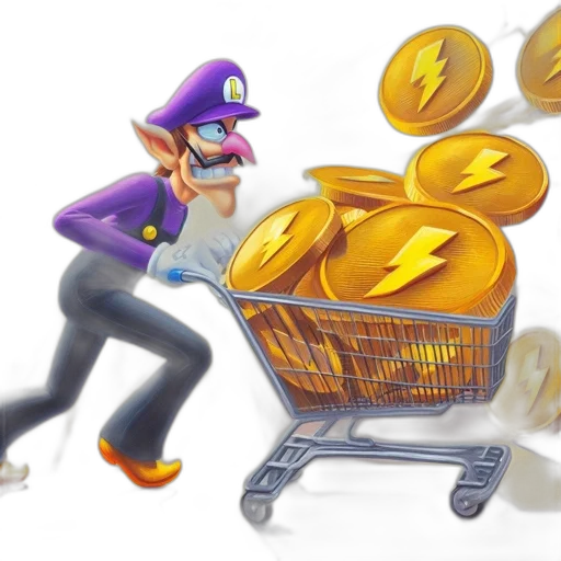 concept art, 3d render, waluigi, pushes, cart, filled, lightning, bolt-adorned transparent PNG cut-out