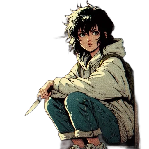 jacket, weapon, sword, staff, anime, concept art, comic book art, watercolor transparent PNG cut-out