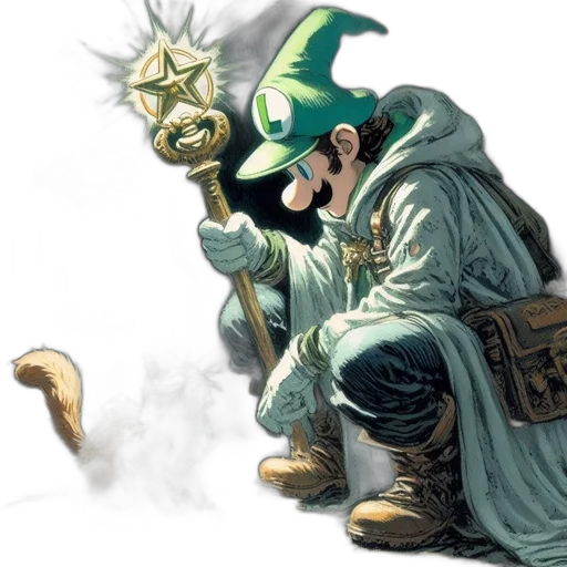 mask, staff, concept art, fantasy art, comic book art, fire, green, luigi transparent PNG cut-out